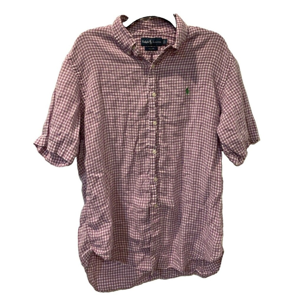 Men's VTG Ralph Lauren Classic Fit Shirt S/S Linen Gingham Purple Size Large